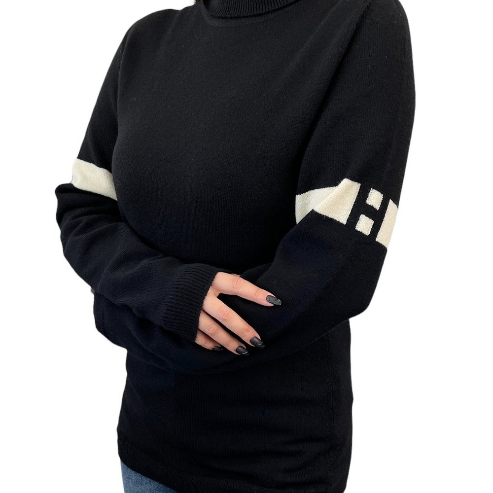 HERMES Vintage H Logo Turtleneck Sweater Top Knit Black White Wool Rank [102308]